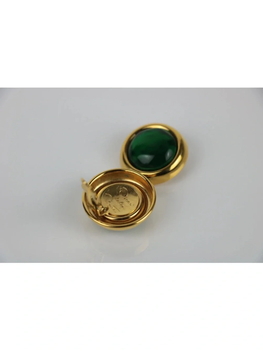Oscar De La Renta Gold-Plated Green Cabochon Button Clip-Ons